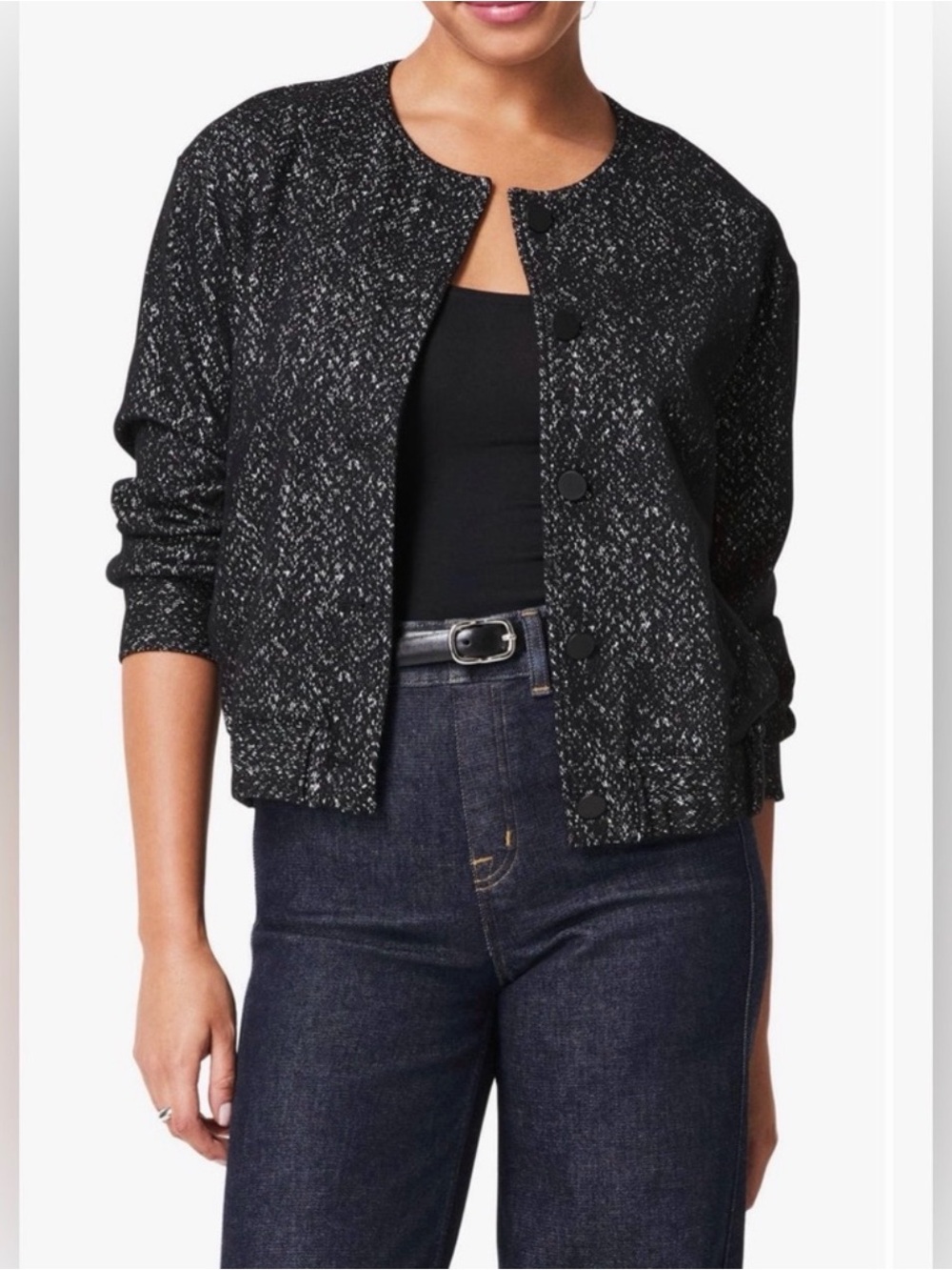 SPANX 2pc. SET Black Herringbone Button Bomber Jacket and Skort set. Size Large